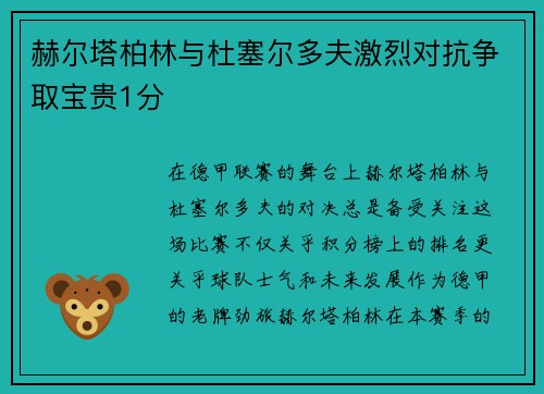 赫尔塔柏林与杜塞尔多夫激烈对抗争取宝贵1分