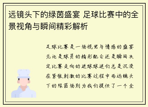 远镜头下的绿茵盛宴 足球比赛中的全景视角与瞬间精彩解析